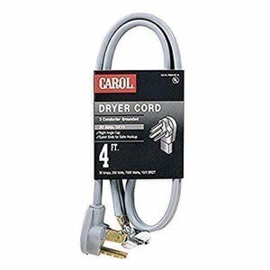 Dryer Cord, 10 AWG, 3-Conductor, 4', Gray Jacket, 250 Volts, 30 Amps, 7500 Watts